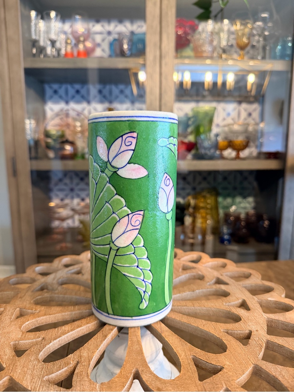 Vintage Green Vase with Pink Floral Motif